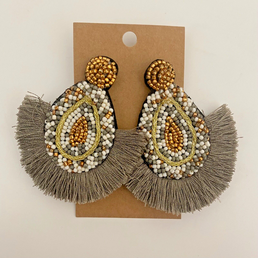 Bohemian Statement Earrings Grey White Gold Beaded Tassel Stud Drop